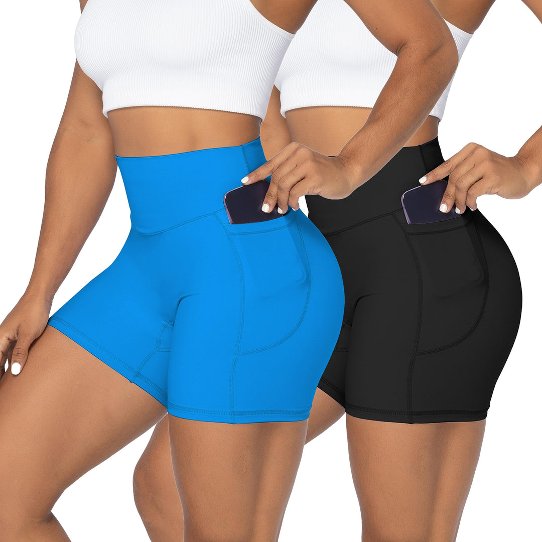 Sunzel Women's Biker Shorts in High Waist Tummy Control with Deep Pockets 5" Black+Blue (2 Pack) X-Small