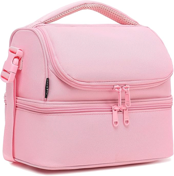 FlowFly Double Decker Cooler Insulated Lunch Bag Large Tote for Boys, Girls, Men, Women, With Adjustable Strap,Pink