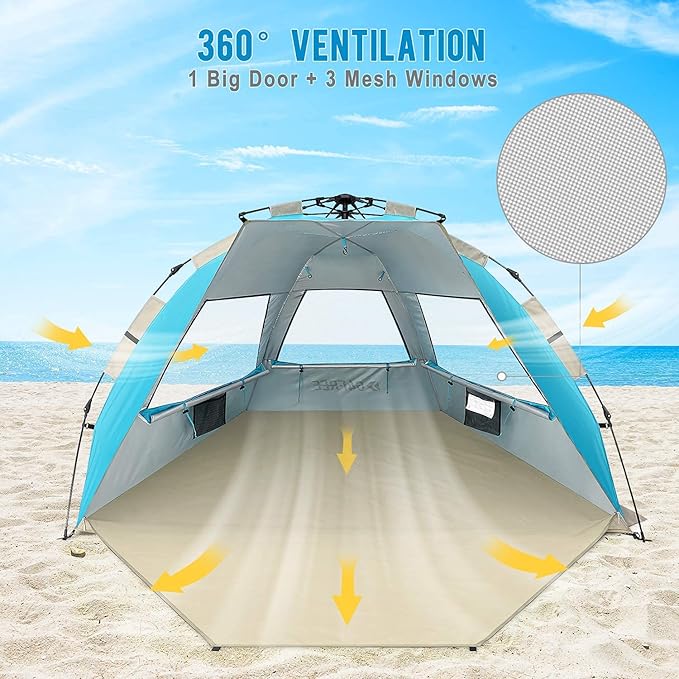 G4Free 3-4 Person Beach Tent Pop Up Shade, Lightweight UPF 50+ Beach Sun Shelter Family Size, Easy Setup and Portable Sun Shade Canopy Cabana(Lake-Blue)