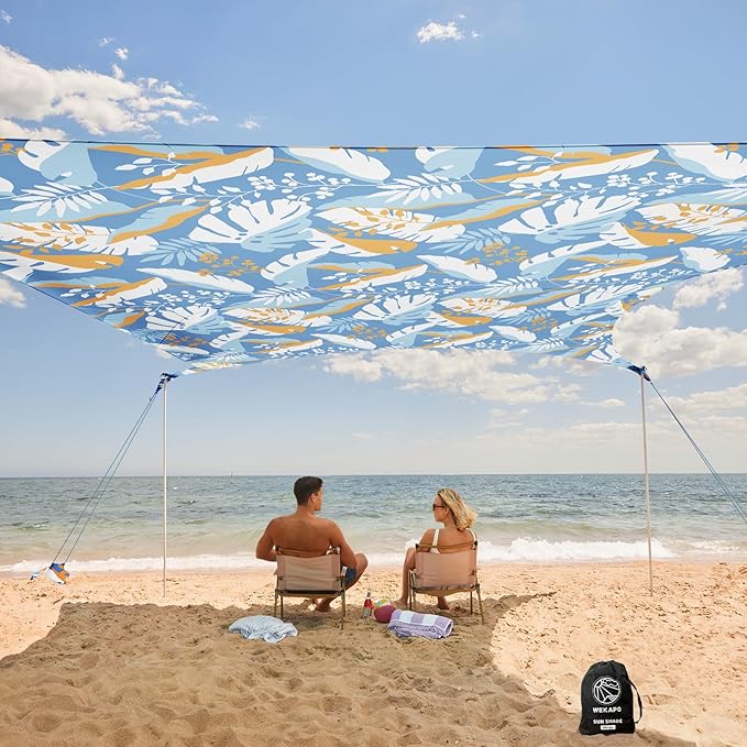 WEKAPO Beach Tent Sun Shelter - Easy Setup Beach Canopy with 4 Sturdy Poles, Extra Large Sandbags and Shovel, 7'8'' Tall, Windproof Sun Shade for Backyard and Camping, UPF 50+ Protection
