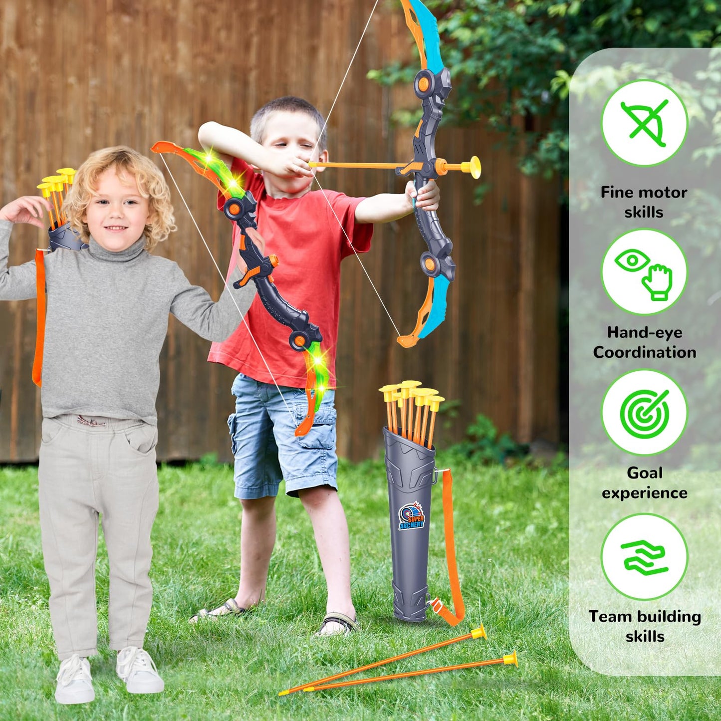 GMAOPHY Bow and Arrow for 5 6 7 8 9 10 11+ Year Old Boys, Birthday Gift for Kids, Indoor Outdoor Activity Toys, 2 Pack LED Light Up Archery Toy with 20 Suction Cup Arrows, Standing Target, 2 Quiver