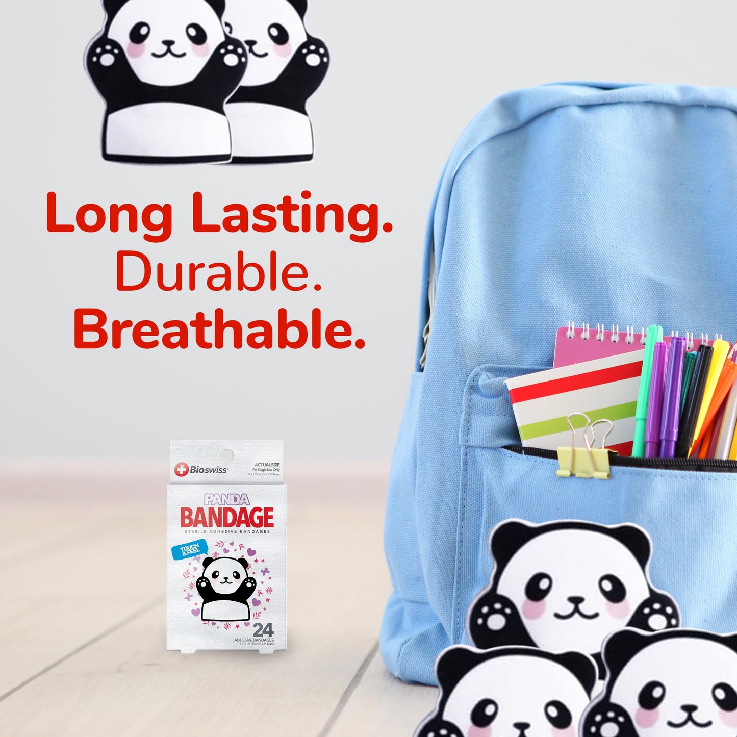 BioSwiss Bandages, Kids Self Adhesive Bandages, Animal Shaped Latex Free Sterile Wound Care Bandage Pack, 24 Count, Panda