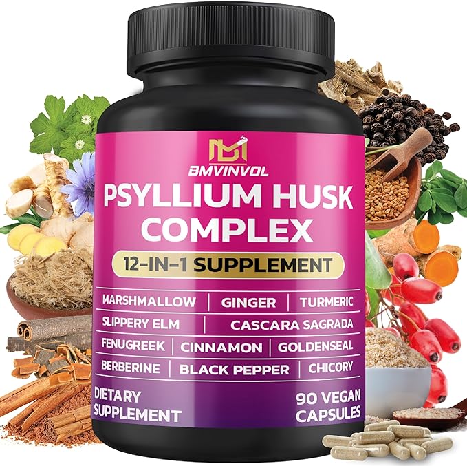 BMVINVOL Psyllium Husk, Slippery Elm, Cascara Sagrada, Fenugreek, Berberine, Cinnamon, Turmeric + 5 Mores - Immune Support & Digestive Health Supplement - 90 Capsules