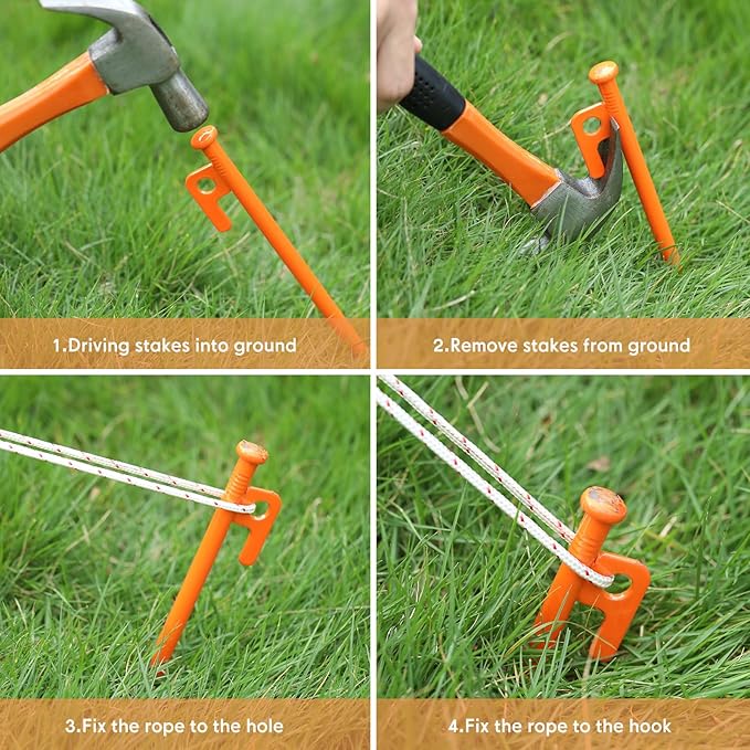 Blulu 24 Pcs Tent Stakes Heavy Duty Steel Metal Tent Pegs 8/12/16 Inch Unbreakable and Inflexible Metal Stakes Tent Spikes for Camping, Yard Decoration, Picnic, Tarp (Orange,8 Inch)