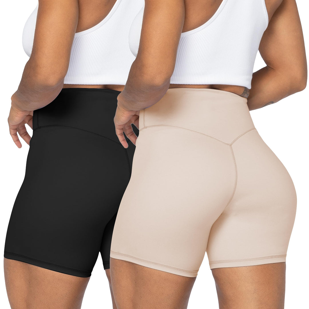 Sunzel Women's Biker Shorts in High Waist Tummy Control with No Front Seam 5" Black+Beige (2 Pack) X-Small