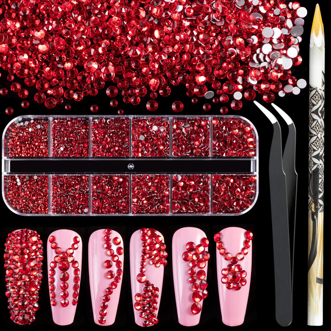 3600Pcs Red Round Rhinestones Flatback 1.8-4Mm Flatback For Manicure, 6 Multi Sizes Nail Art Shine Crystal Gem Diamond Bling Set