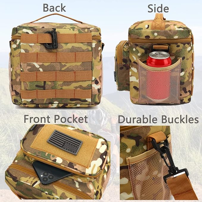 FlowFly Lunch Bag, Insulated Cooler, Thermal Lunch Box Tote with MOLLE/PALS Webbing, Adjustable Padded Shoulder Strap, for Tactical Men Women Adults and Boys Girls Kids (Multicam, Medium)