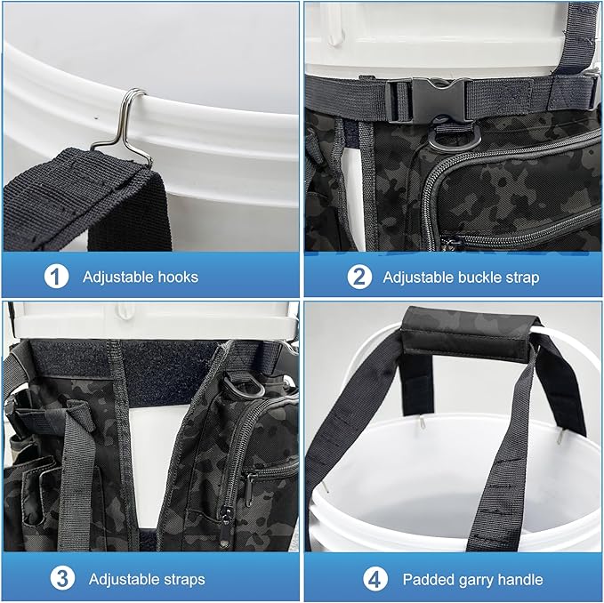 Fishing Bucket Organizer with Bucket Cover, Ice Fishing Tackle Bag with Rod & Plier Holder, Multi-Pockets for 5 Gallon Bucket Fishing Gear & Accessories