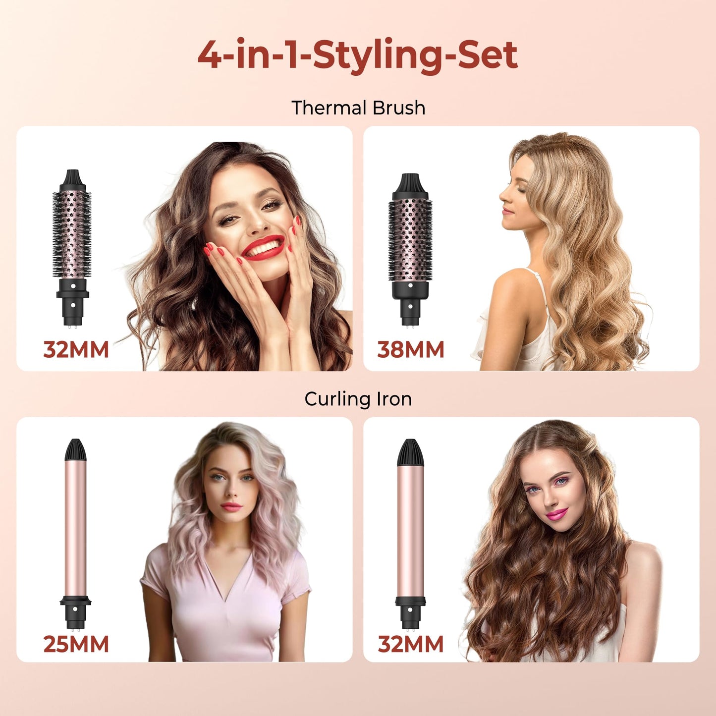 4 in 1 Thermal Brush Curling Iron Set, 25mm & 32mm Curling Wand Set and 32mm & 38mm Thermal Brush Hair Tool, 14 Temp Heating Setting Thermal Round Brush, Interchangeable Hair Curler 110-240V