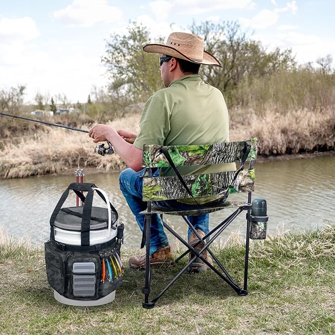 Fishing Bucket Organizer with Bucket Cover, Ice Fishing Tackle Bag with Rod & Plier Holder, Multi-Pockets for 5 Gallon Bucket Fishing Gear & Accessories