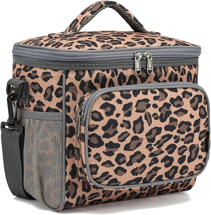 FlowFly Insulated Reusable Lunch Bag Adult Large Lunch Box for Women and Men with Adjustable Shoulder Strap,Front Zipper Pocket and Dual Large Mesh Side Pockets,Leopard