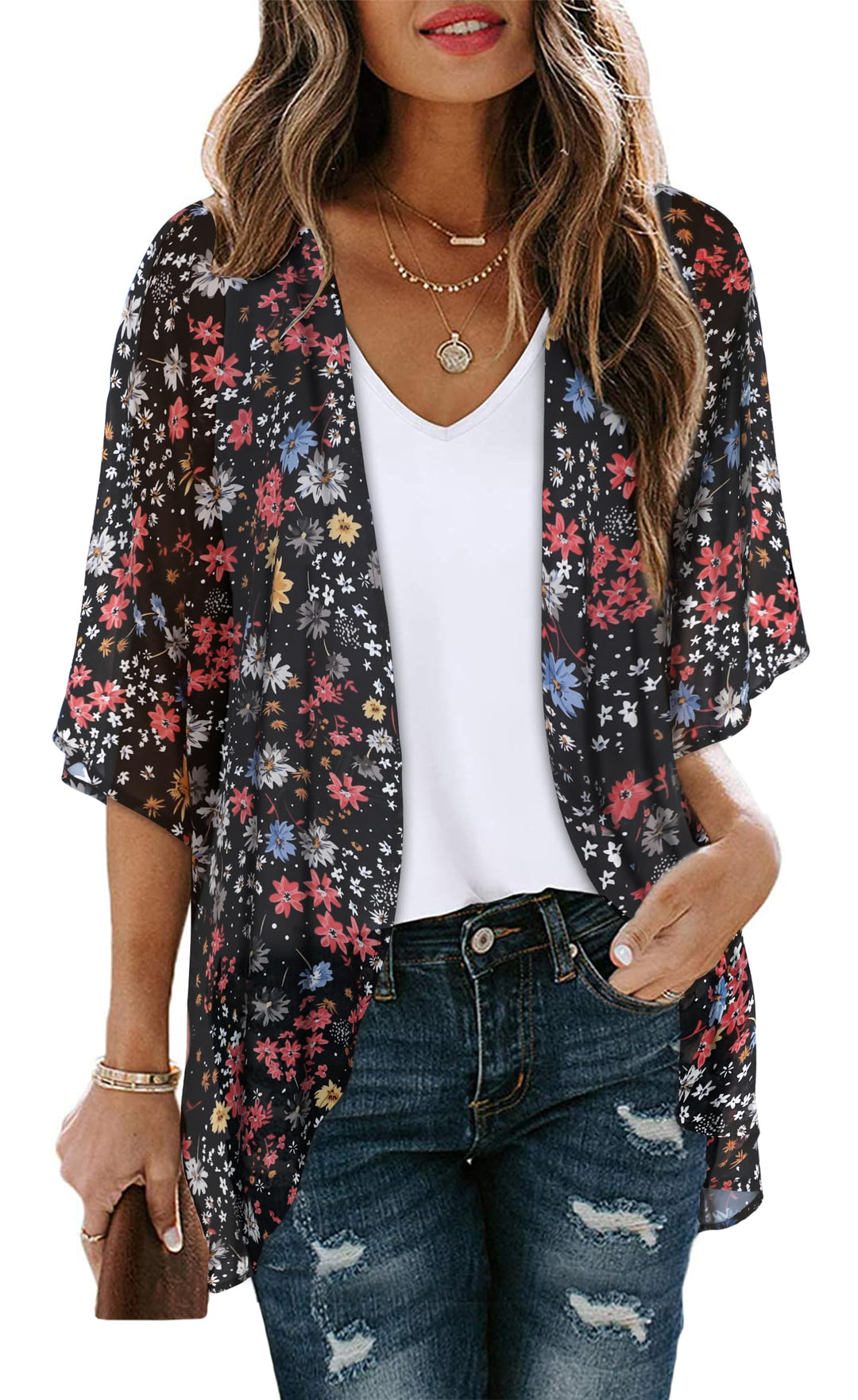 Womens Kimono Chiffon Cardigans Beach Cover Up Open Front Blouse Shirt Casual Summer Tops Swimwear(Small Flowers,S)