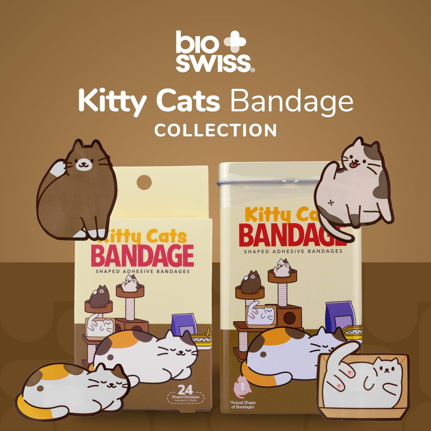 BioSwiss Bandages, Kitty Cats Shaped Self Adhesive Bandage, Latex Free Sterile Wound Care, Fun First Aid Kit Supplies for Kids and Adults, 24 Count