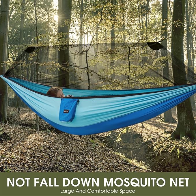 G4Free Large Camping Hammock with Mosquito Net 2 Person Pop-up Parachute Lightweight Hanging Hammocks Tree Straps Swing Bed for Outdoor Backpacking Backyard Hiking