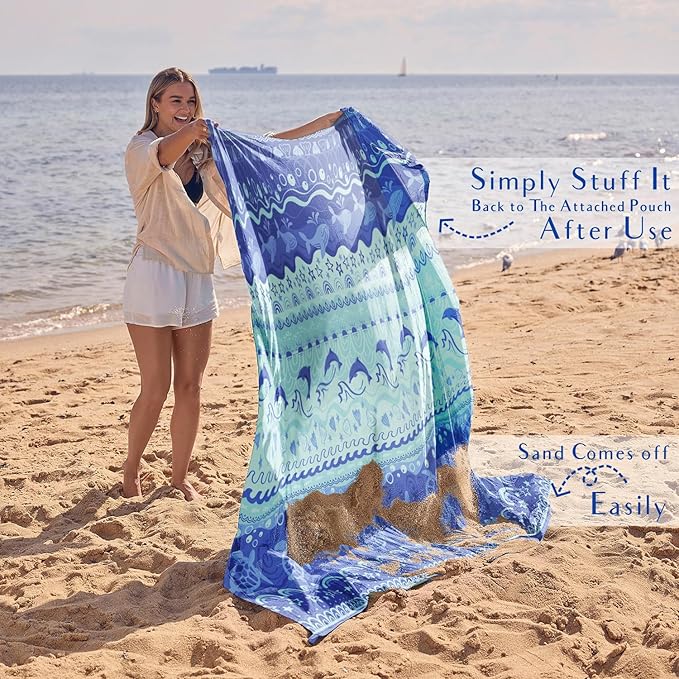 WEKAPO Beach Blanket Waterproof Sandproof Oversized Extra Large Sand Free Beach Mat with Stakes, Storage Bag - Essentials for Outdoor Beach, Picnic (Bohemian Sealife, 11 X 9 FT (1~10 Person))