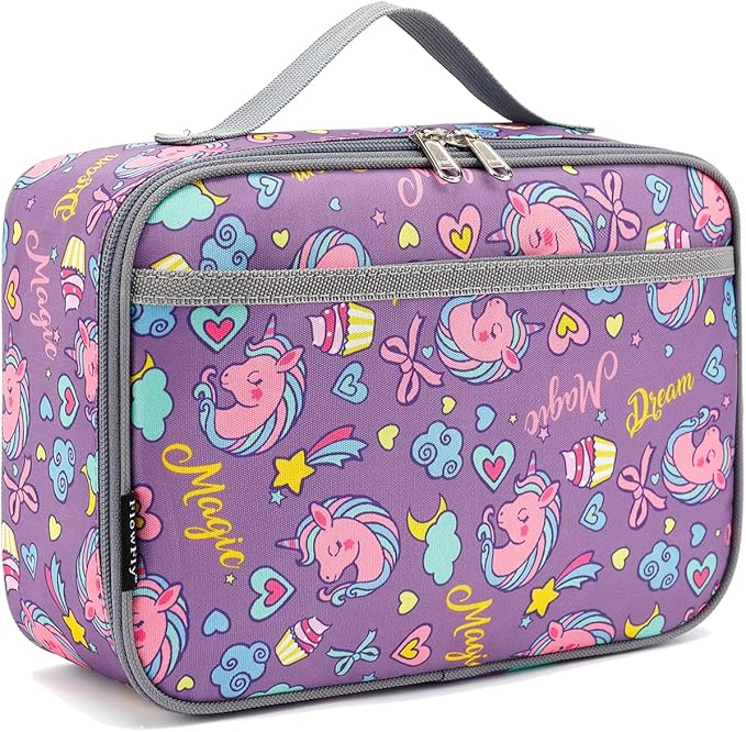 FlowFly Kids Lunch box Insulated Soft Bag Mini Cooler Back to School Thermal Meal Tote Kit for Girls, Boys, Purple Unicorn