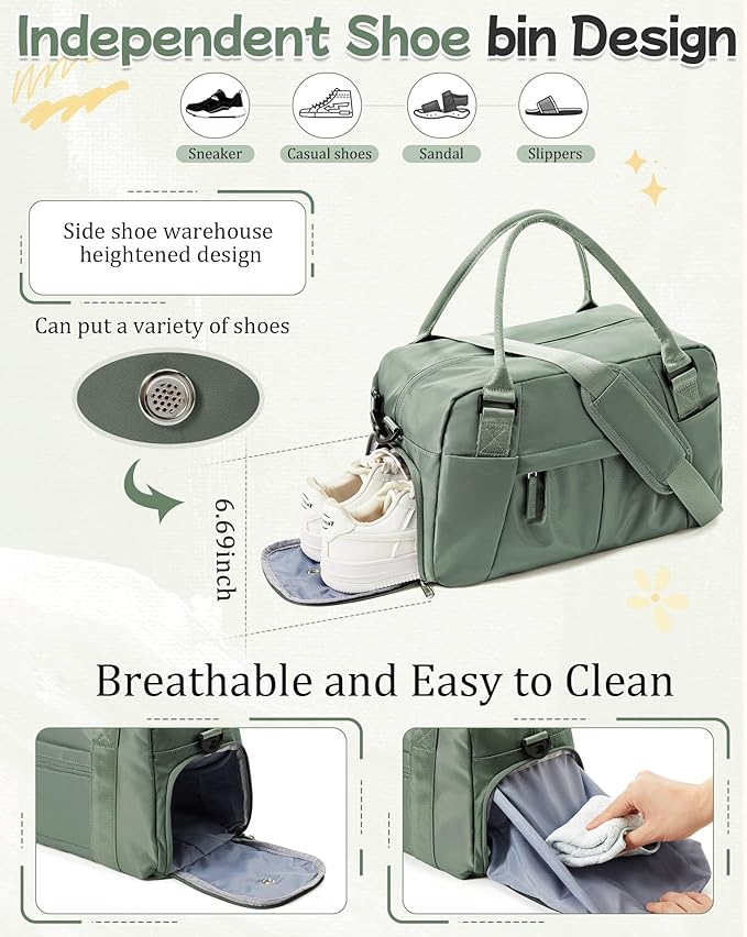 Travel Duffel Bag for Women - Small Waterproof Weekender Tote Carry on Bag with Shoe Compartment, Wet Pocket & Trolley Sleeve - Ideal for Gym, Yoga, Swim, Dance & Workout Green