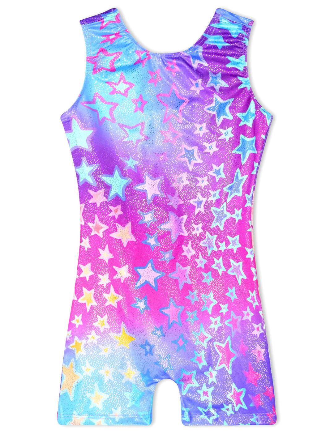 TENVDA Gymnastics Leotards for Girls Biketard Size 6-7 Years Old Sparkle Blue Stars Print Sleeveless Workout Unitard