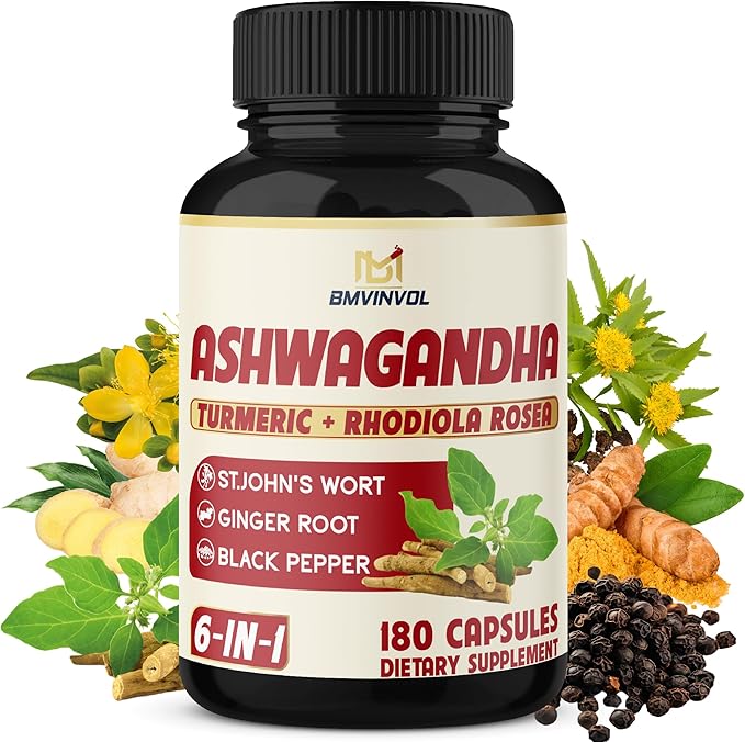 Ashwagandha Capsules with Turmeric, St.John's Wort, Rhodiola Rosea, Ginger, and Black Pepper - 180 Count - 6 Month Supply