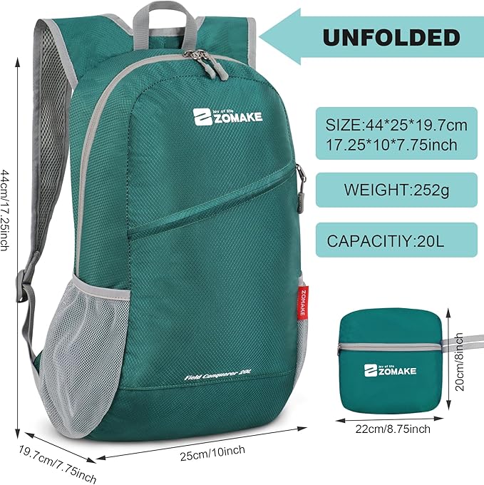ZOMAKE Lightweight Packable Backpack 20L, Foldable Backpacks Small Daypack for Hiking Water Resistant Day Bag for Travel