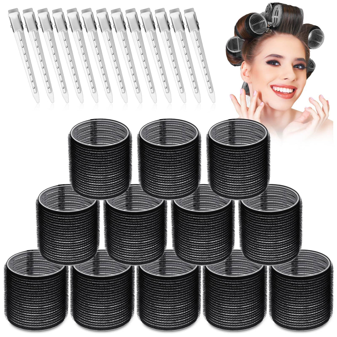 Large Hair Rollers Set - 24 Pieces With 12 Jumbo Rollers And 12 Clips For Long Thick Hair Volume (Black)