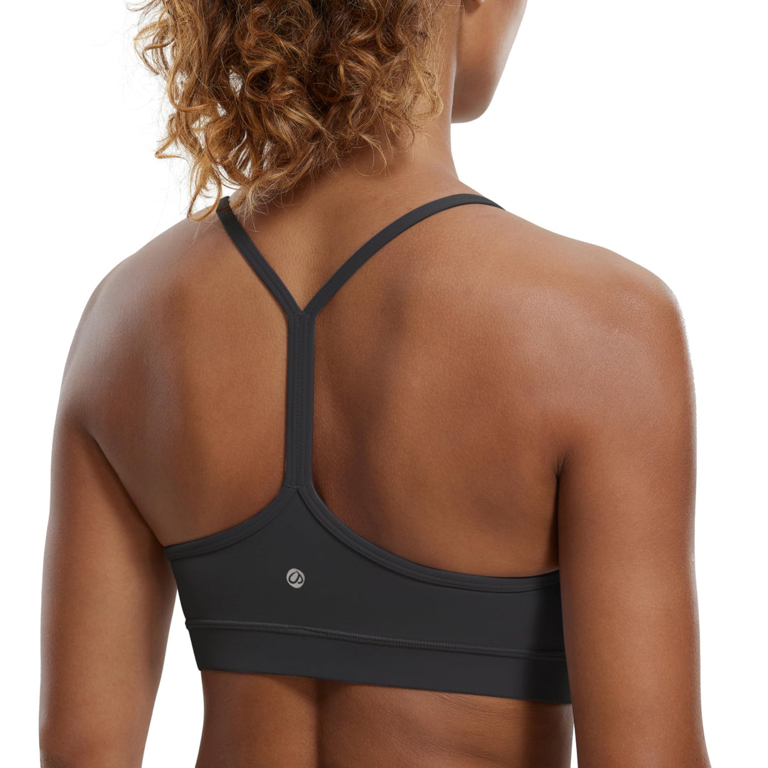 CRZ YOGA Butterluxe Womens Y Back Sports Bra - Padded Racerback Low impact Spaghetti Thin Strap Workout Yoga Bra Mysterious Grey X-Small