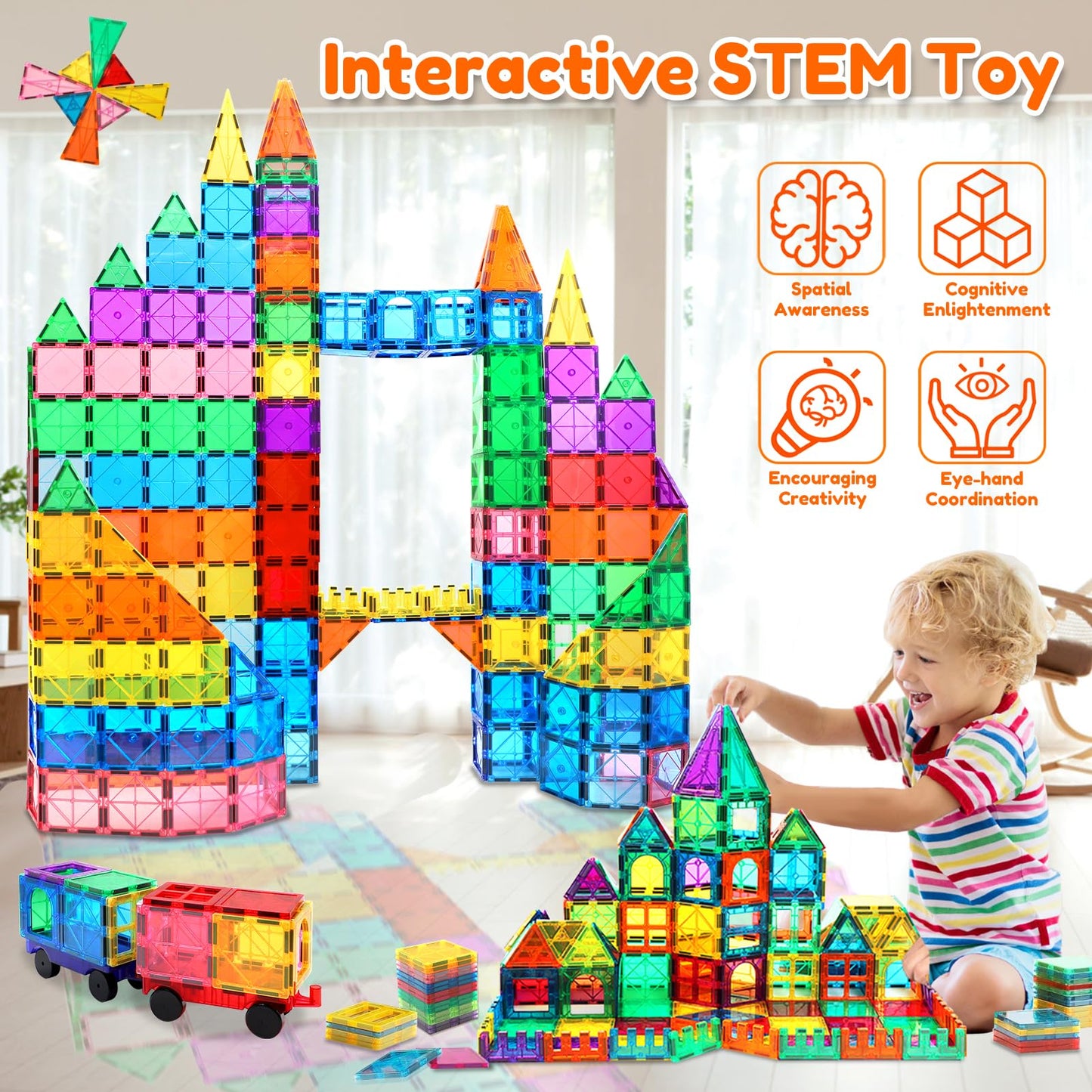 100PCS Magnetic Tiles Building Blocks with 2 Cars Montessori Toys for 3 4 5 6 7 8 Year Old Boys Girls Kids STEM Learning Educational 3D Rainbow Castle Construction Magnet Toys Christmas Birthday Gifts