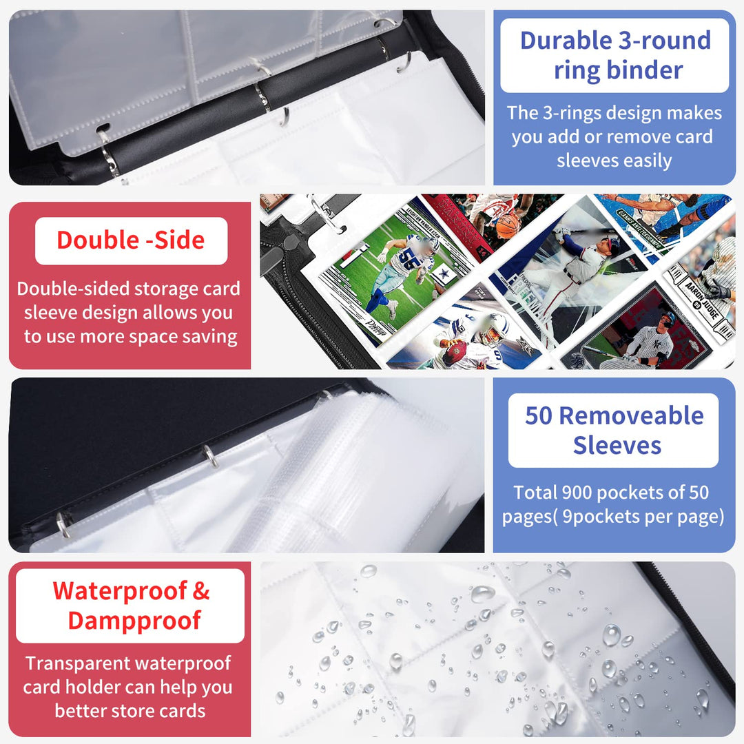 HESPLUS Trading Card Binder, 9 Pocket Card Binder with Sleeves 900 Double Sided Pocket Sports Card Binder, Card Collection Binder, Collector Card Album for Baseball Cards, TCG, MTG, Sports, Game Cards