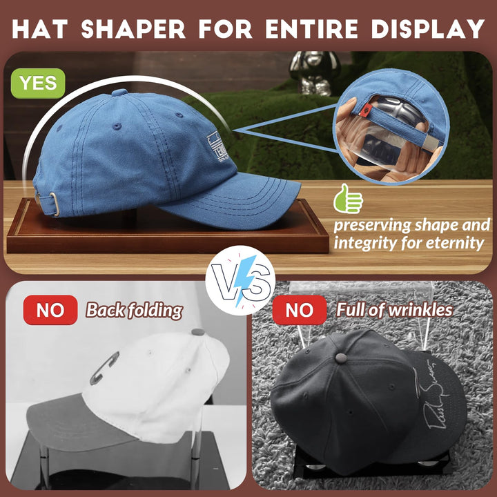 JupDec Hat Display Case, Clear Acrylic Baseball Cap Display Box Stand, UV Protection Signed Hat Transparent Showcase with Solid Wood Base Risers & Hat Shaper, Ideal Gift for Caps Collector