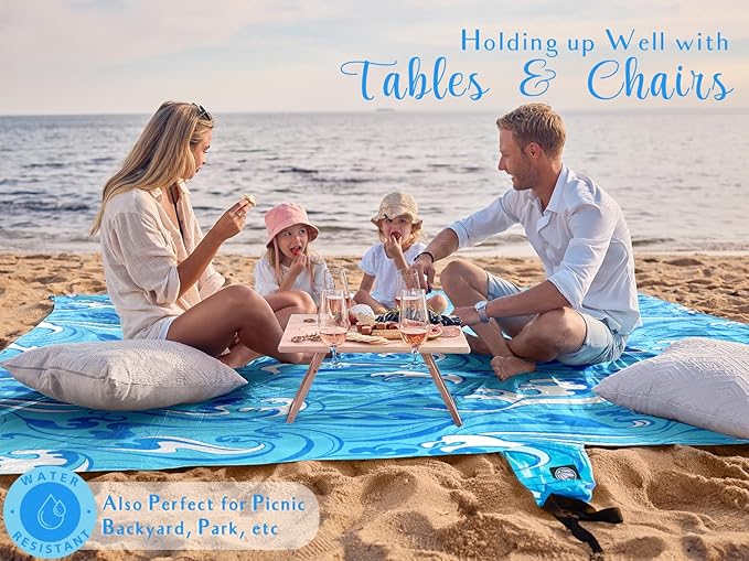 WEKAPO Beach Blanket Waterproof Sandproof Oversized Extra Large Sand Free Beach Mat with Stakes, Storage Bag - Essentials for Outdoor Beach, Picnic (Blue Ocean Waves, 11 X 9 FT (1~10 Person))