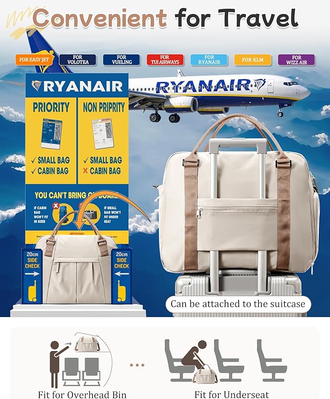 Gym Bag for Women, Large Travel Duffel Carry on Bag with Trolley Sleeve, Waterproof Weekender Bags with Shoe Compartment, Workout Overnight with Dry Wet Separated Pocket, Beige