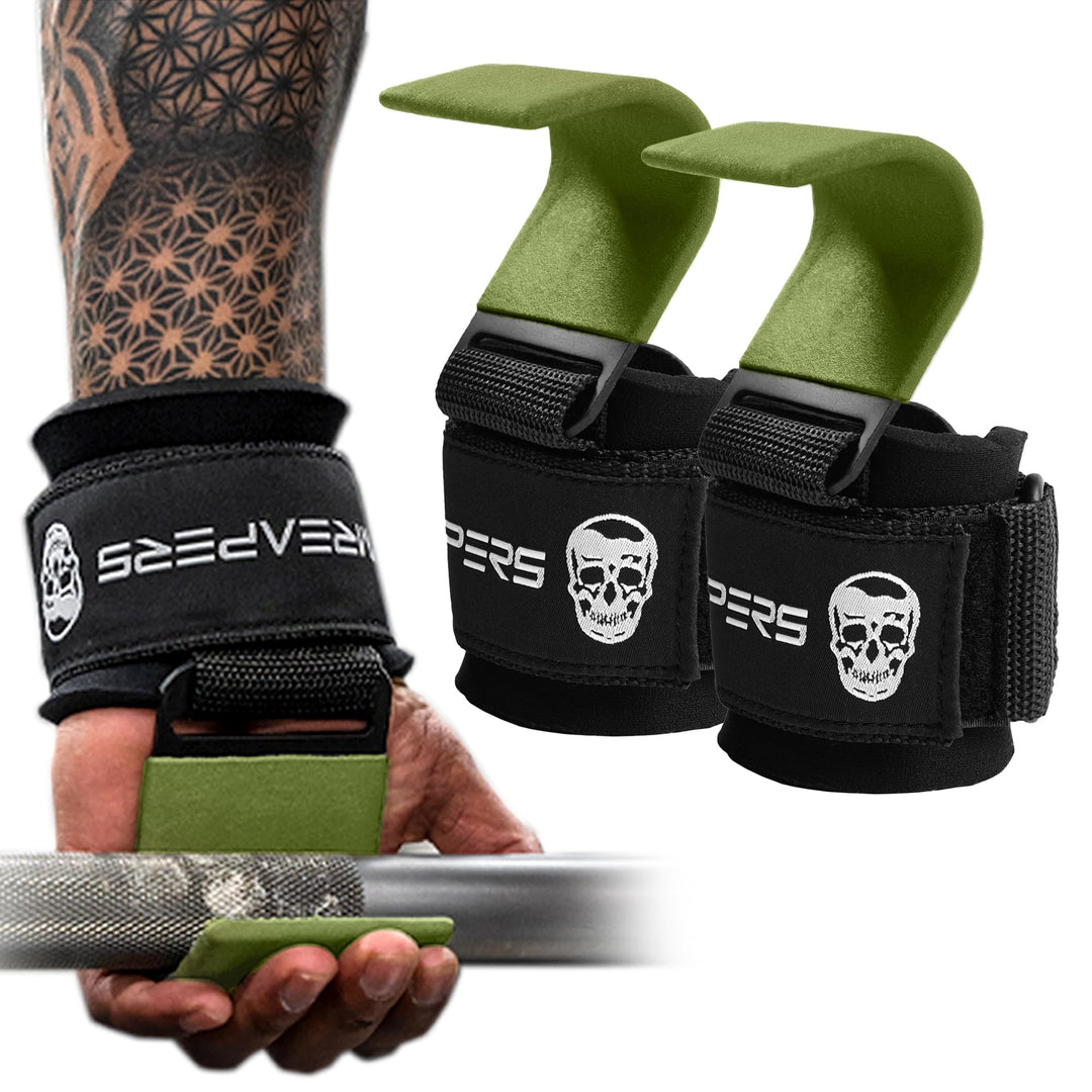 Gymreapers Weight Lifting Hooks (Pair), Heavy Duty Power Wrist Straps Hand Grip Support For Deadlifts, Pull Ups, Shrugs - Gym Gloves For Men and Women (OD Green)