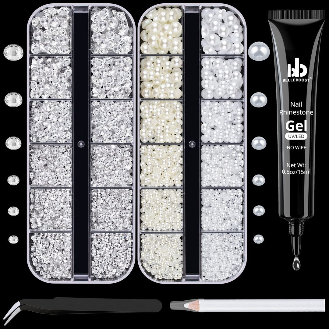 Nail Art Rhinestone Glue Gel&2 Boxes Flatback Gems Accessories Kit, 1 Tube Of 15Ml Rhinestone Gel Glue(Uv/Led Needed)+Round Clea