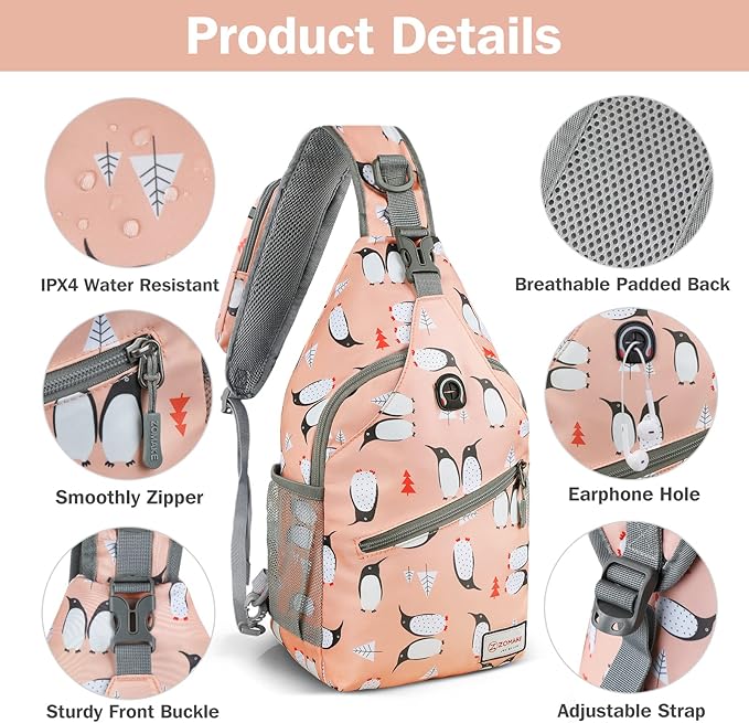 ZOMAKE Sling Bag, Penguin Pink, Nylon, 5 Separate Compartments, 10" iPad Compartment, Anti-Theft, Adjustable Reversible Shoulder Strap, Water Resistant