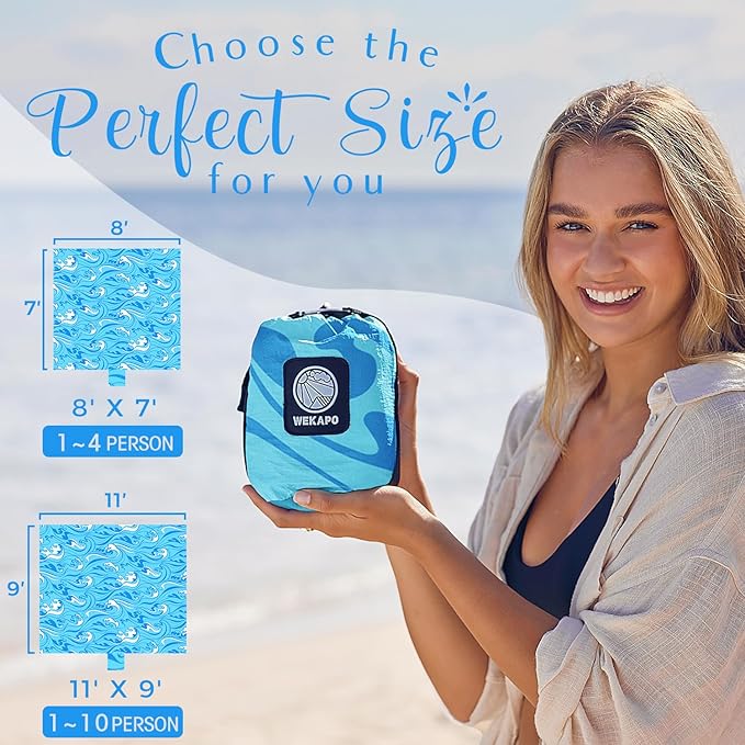 WEKAPO Beach Blanket Waterproof Sandproof Oversized Extra Large Sand Free Beach Mat with Stakes, Storage Bag - Essentials for Outdoor Beach, Picnic (Blue Ocean Waves, 8 X 7 FT (1~4 Person))