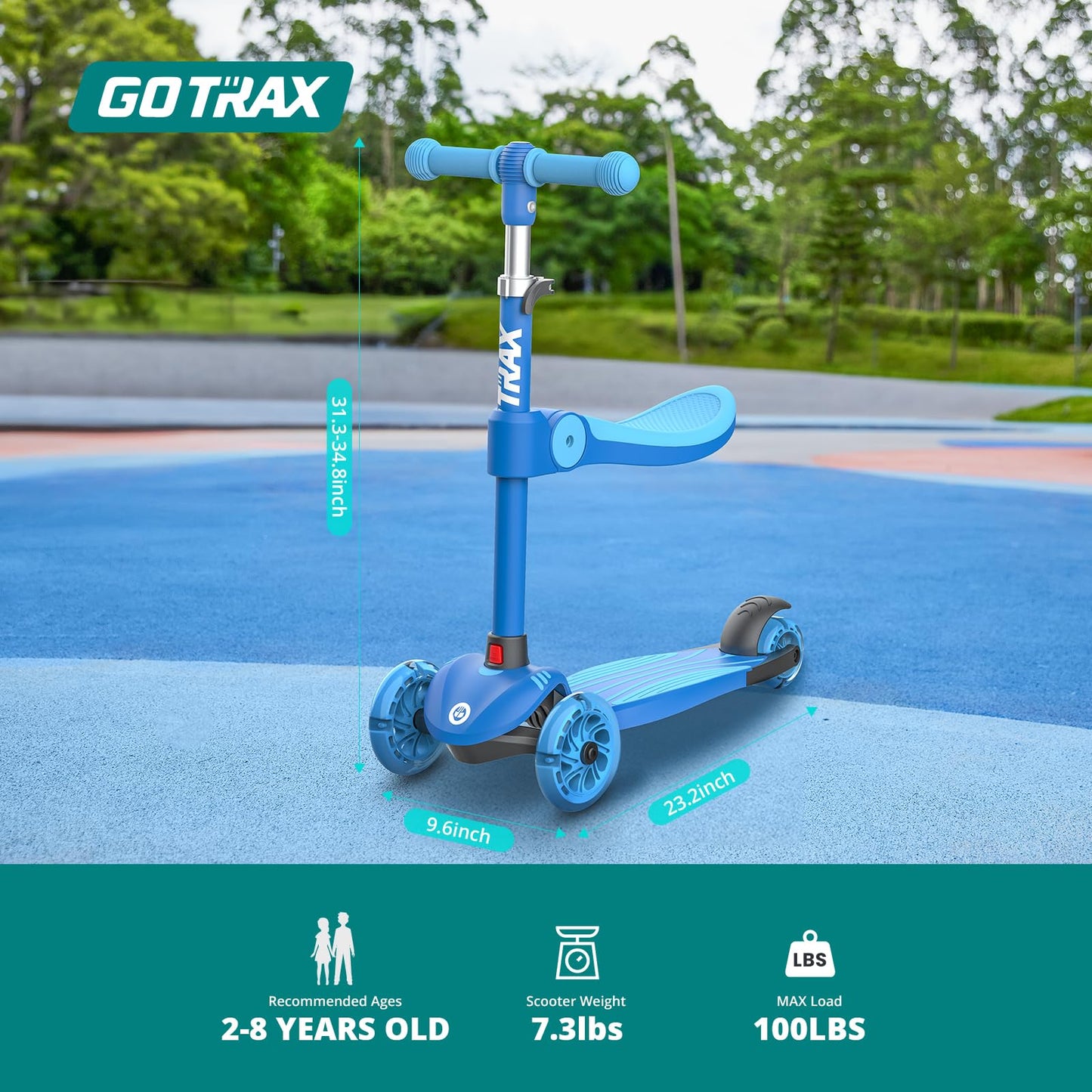 Gotrax KS3 Kids Kick Scooter, LED Lighted Wheels, Adjustable Height Handlebars and Removable Seat, Lean-to-Steer & Widen Anti-Slip Deck, 3 Wheel Scooter for Kids Ages 2-8 and up to 100 Lbs (Blue)