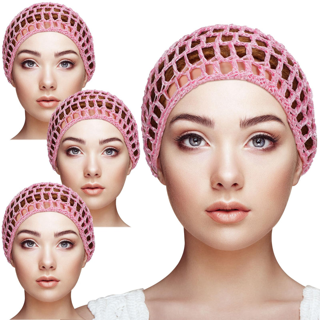 4 Pieces Mesh Crochet Hair Net Rayon Knit Snood Hat Thick Short Women Hairnet Snoods Cover Ornament For Sleeping (Pink)