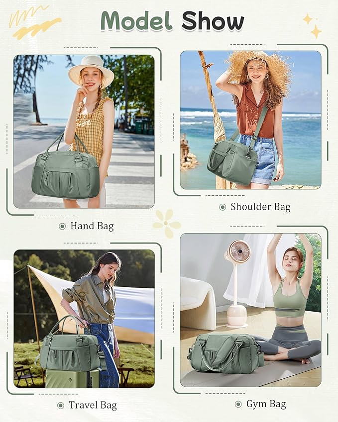 Travel Duffel Bag for Women - Small Waterproof Weekender Tote Carry on Bag with Shoe Compartment, Wet Pocket & Trolley Sleeve - Ideal for Gym, Yoga, Swim, Dance & Workout Green