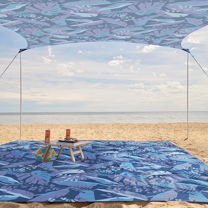 WEKAPO Beach Tent Sun Shelter - Easy Setup Beach Canopy with 4 Sturdy Poles, Large Sandbags and Shovel, 7'1'' Tall, Windproof Sun Shade for Backyard and Camping, UPF 50+ Protection