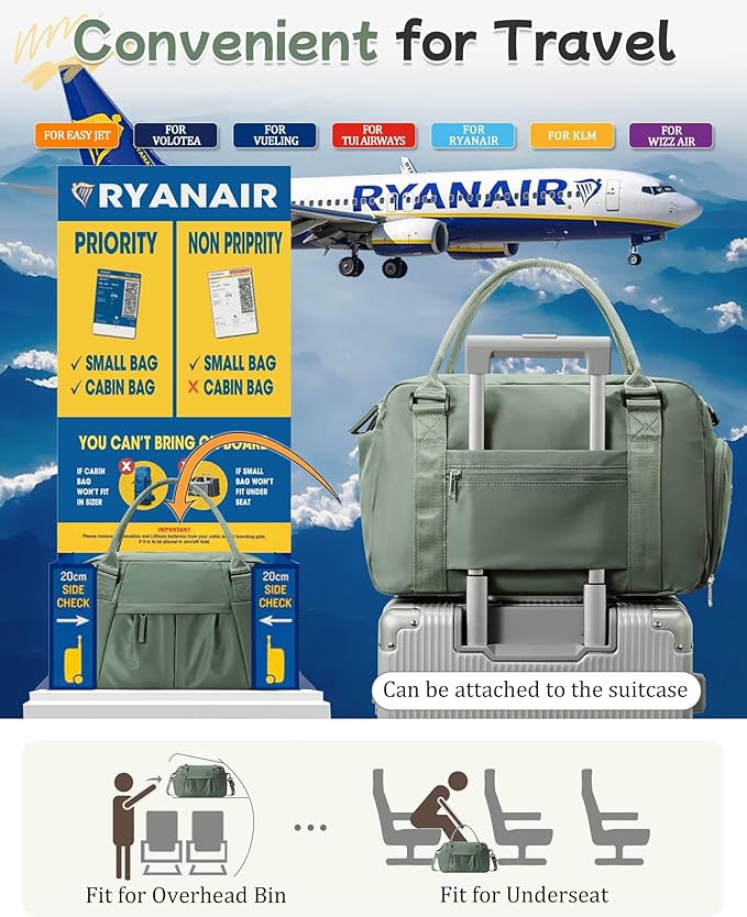 Travel Duffel Bag for Women - Small Waterproof Weekender Tote Carry on Bag with Shoe Compartment, Wet Pocket & Trolley Sleeve - Ideal for Gym, Yoga, Swim, Dance & Workout Green