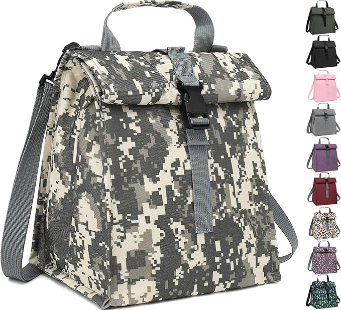 Insulated Lunch Bag for Men/Women/Kids, Roll top Reusable Lunch Box with Adjustable Shoulder Strap, Thermal Lunch Cooler Tote Container for Adults/Teens School Work Office Picnic,Black,Camo