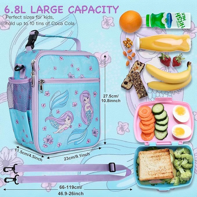 Kids Insulated Lunch Box Bag, Thermal Picnic Cool Bags with Adjustable Strap for Adults Children Women Men Boys Girls School Work (Mermaid01)