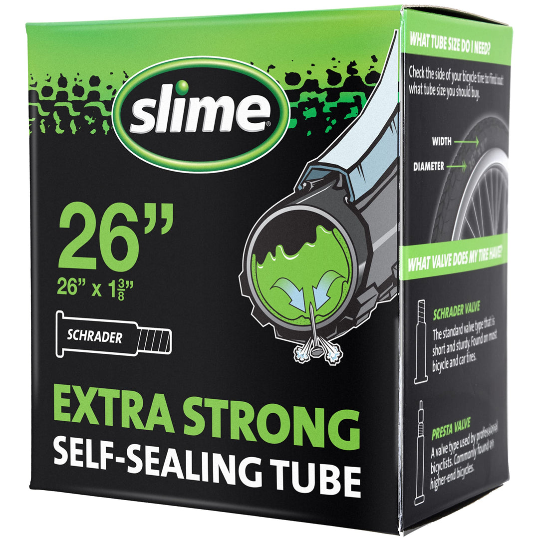 Slime 30044 Bike Inner Tube with Slime Puncture Sealant, Extra Strong, Self Sealing, Prevent and Repair, Schrader Valve, 26" x 1.375"