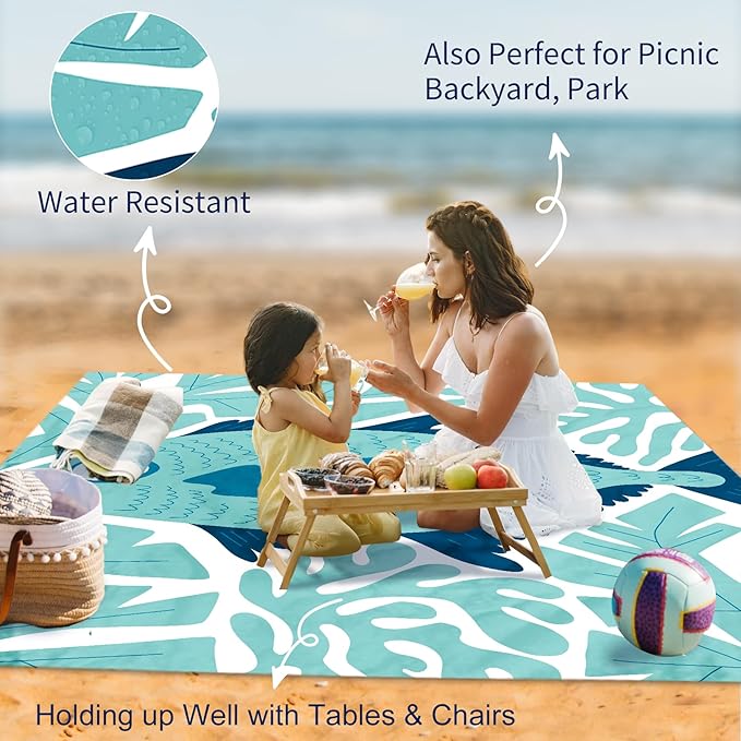 Large Beach Blanket Waterproof Sandproof 79"x 83" for 1-4 Adults,Quick Drying Beach Mat,Lightweight & Durable,Beach Essentials for Family Beach Camping Travel Picnic(Green Fish)