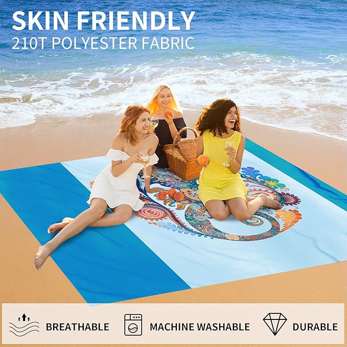 Large Beach Blanket Waterproof Sandproof 108"x 82" for 1-6 Adults,Quick Drying Beach Mat,Lightweight & Durable,Beach Essentials for Family Beach Camping Travel Picnic