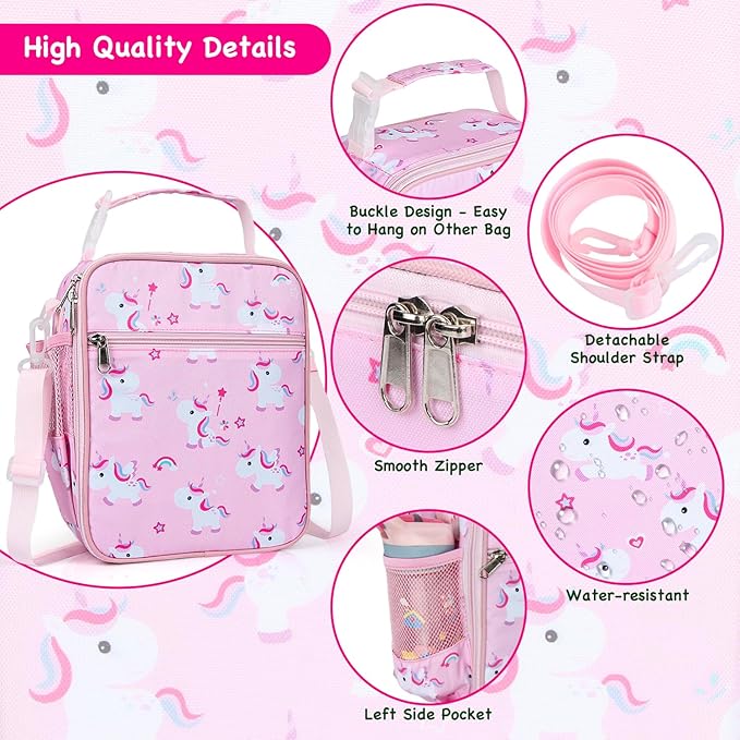 Kids Insulated Lunch Box Bag, Thermal Picnic Cool Bags with Adjustable Strap for Adults Children Women Men Boys Girls School Work (Pink HorsePony)