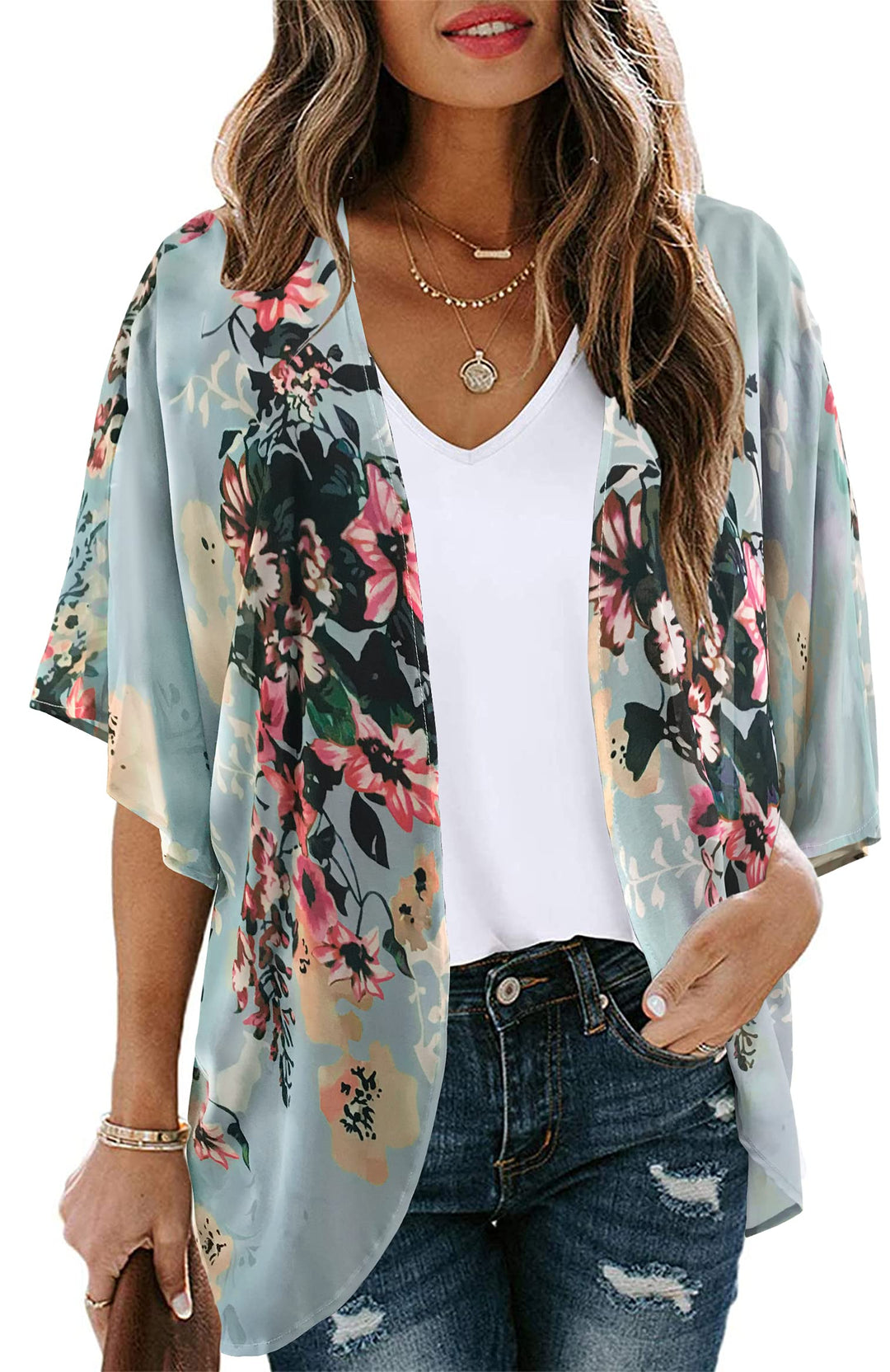 Women's Floral Print Short Sleeve Shawl Chiffon Kimono Cardigan Casual Blouse Tops(Mint S)