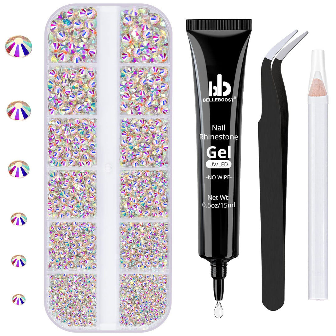 Nail Art Rhinestone Glue Gel&1 Box Flatback Gems Accessories Kit, 1 Tube Of 15Ml Rhinestone Gel Glue(Uv/Led Needed)+Crystal Ab G