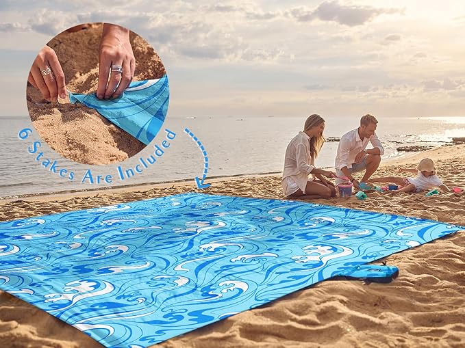 WEKAPO Beach Blanket Waterproof Sandproof Oversized Extra Large Sand Free Beach Mat with Stakes, Storage Bag - Essentials for Outdoor Beach, Picnic (Blue Ocean Waves, 11 X 9 FT (1~10 Person))