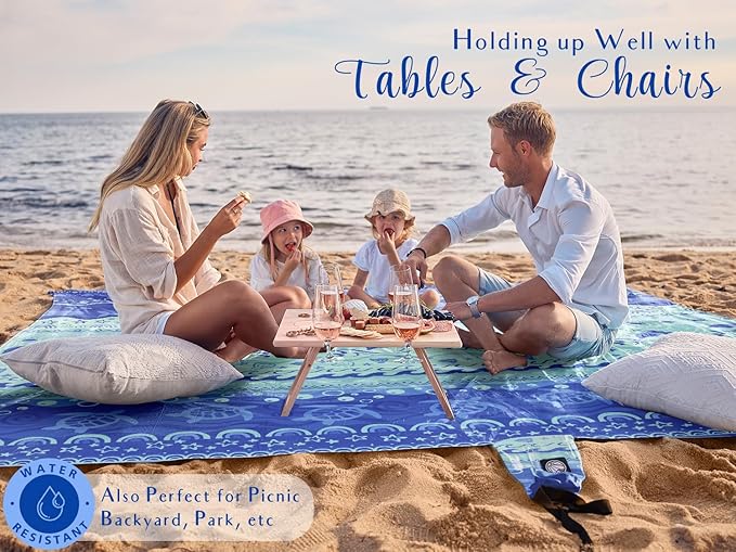 WEKAPO Beach Blanket Waterproof Sandproof Oversized Extra Large Sand Free Beach Mat with Stakes, Storage Bag - Essentials for Outdoor Beach, Picnic (Bohemian Sealife, 11 X 9 FT (1~10 Person))
